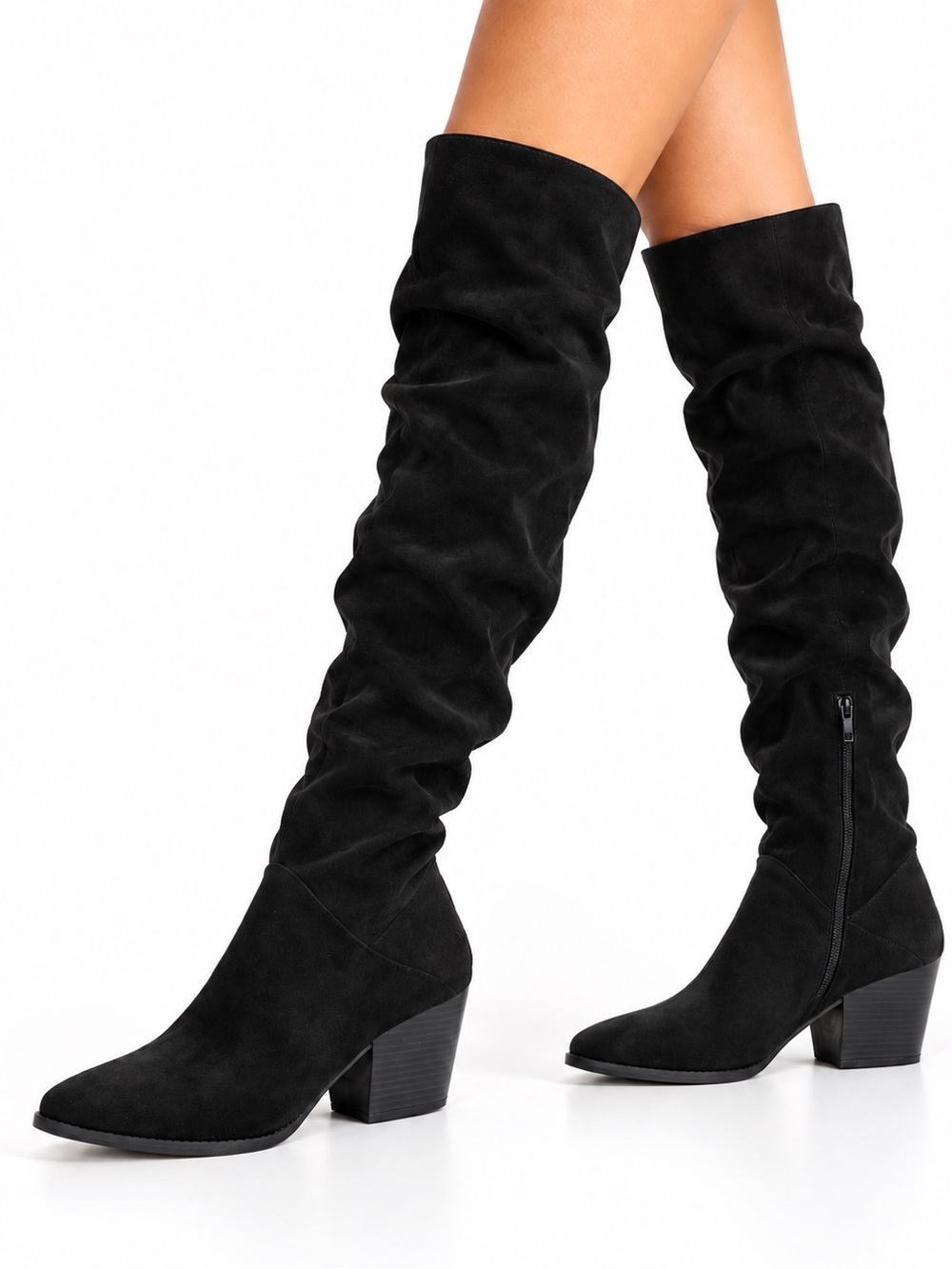 Aetrex Black Slouchy Knee High Boots Women’s Size 8 Block Heel Faux Suede Chunky